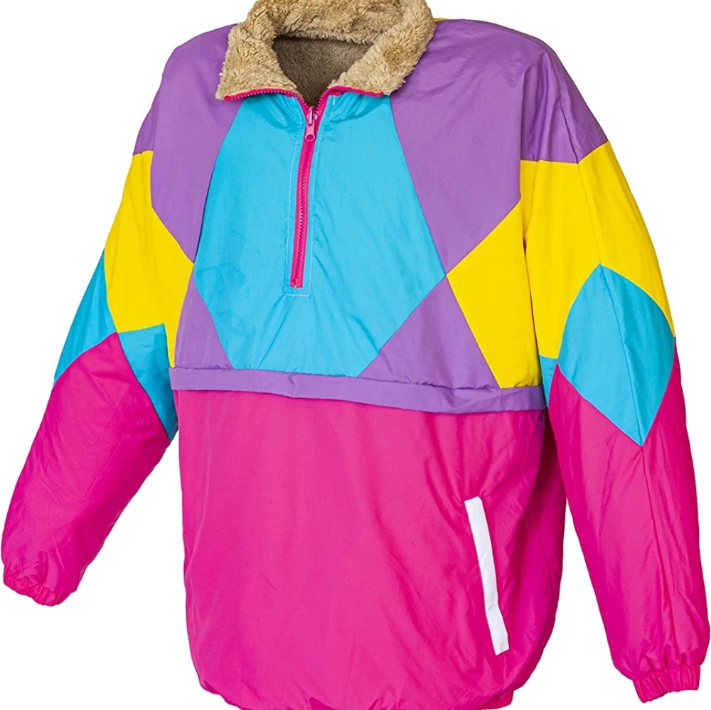 Retro Neon Windbreaker - Reversible Pullover Sherpa Jacket. Unisex Size S